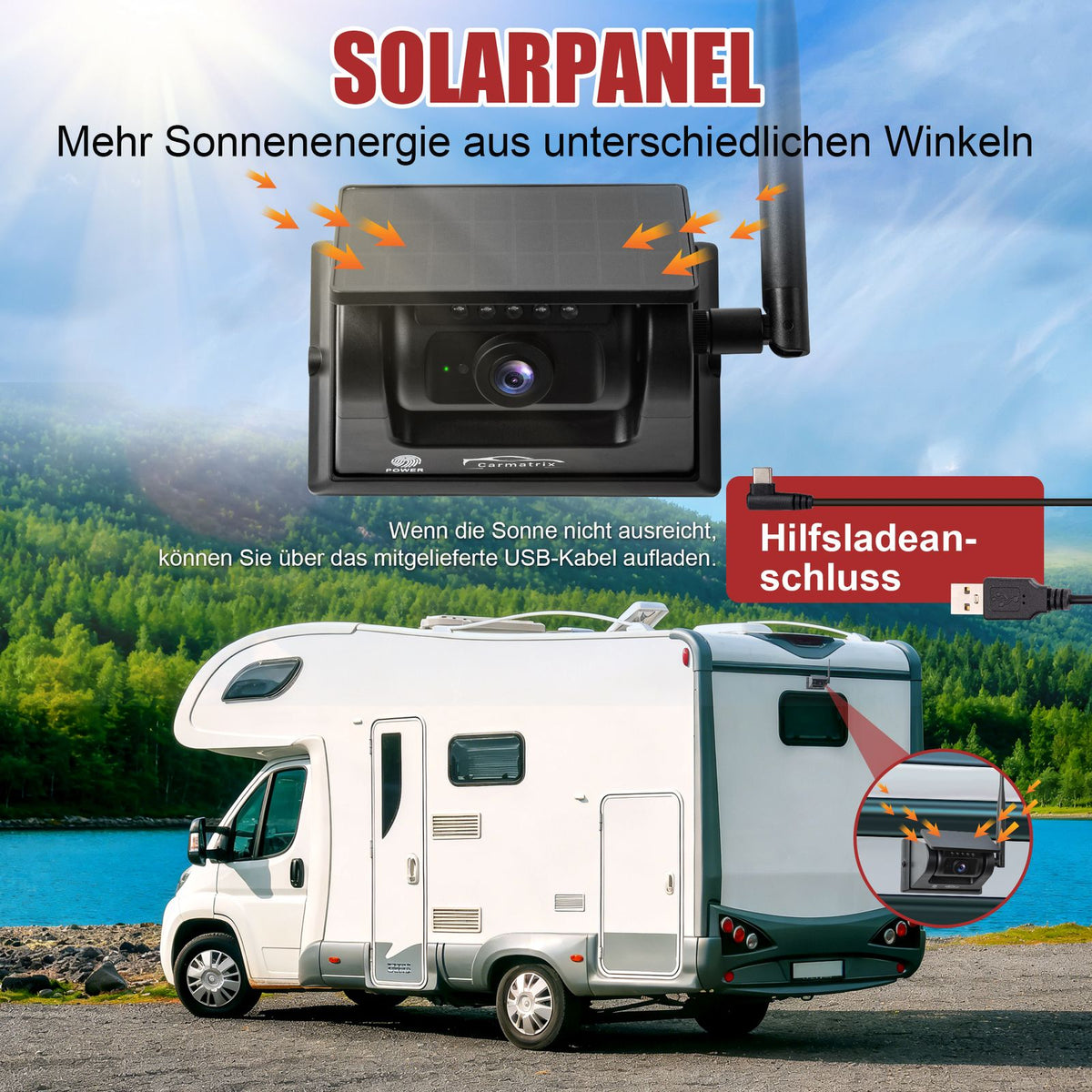 CARMATRIX Solar Rückfahrsystem mit Android Auto und CarPlay Magnet Rückfahrkamera