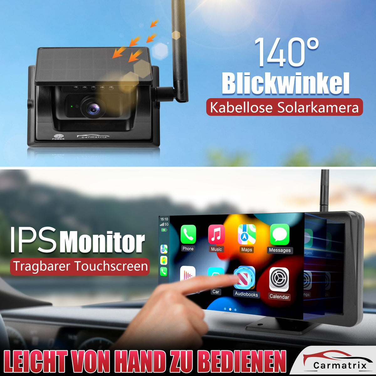 CARMATRIX Solar Rückfahrsystem mit Android Auto und CarPlay Magnet Rückfahrkamera
