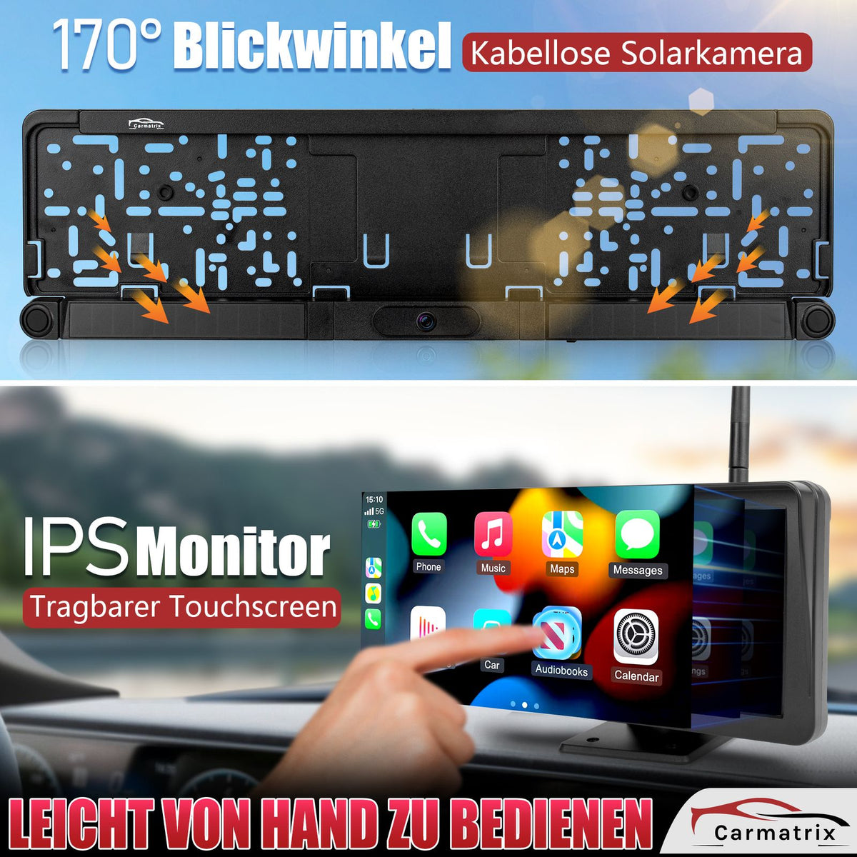 CARMATRIX Solar Rückfahrsystem PDC Einparksensoren mit Android Auto und Apple CarPlay