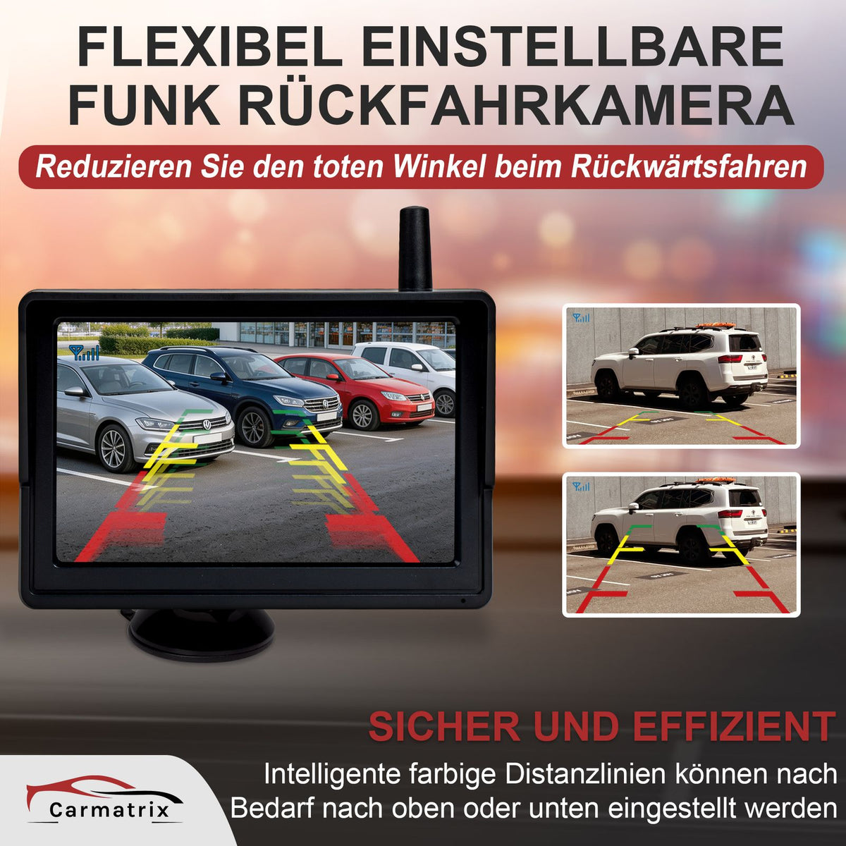 CARMATRIX HD Funk Rückfahrsystem mit 5" Monitor Nummernschild für EU & Österreich