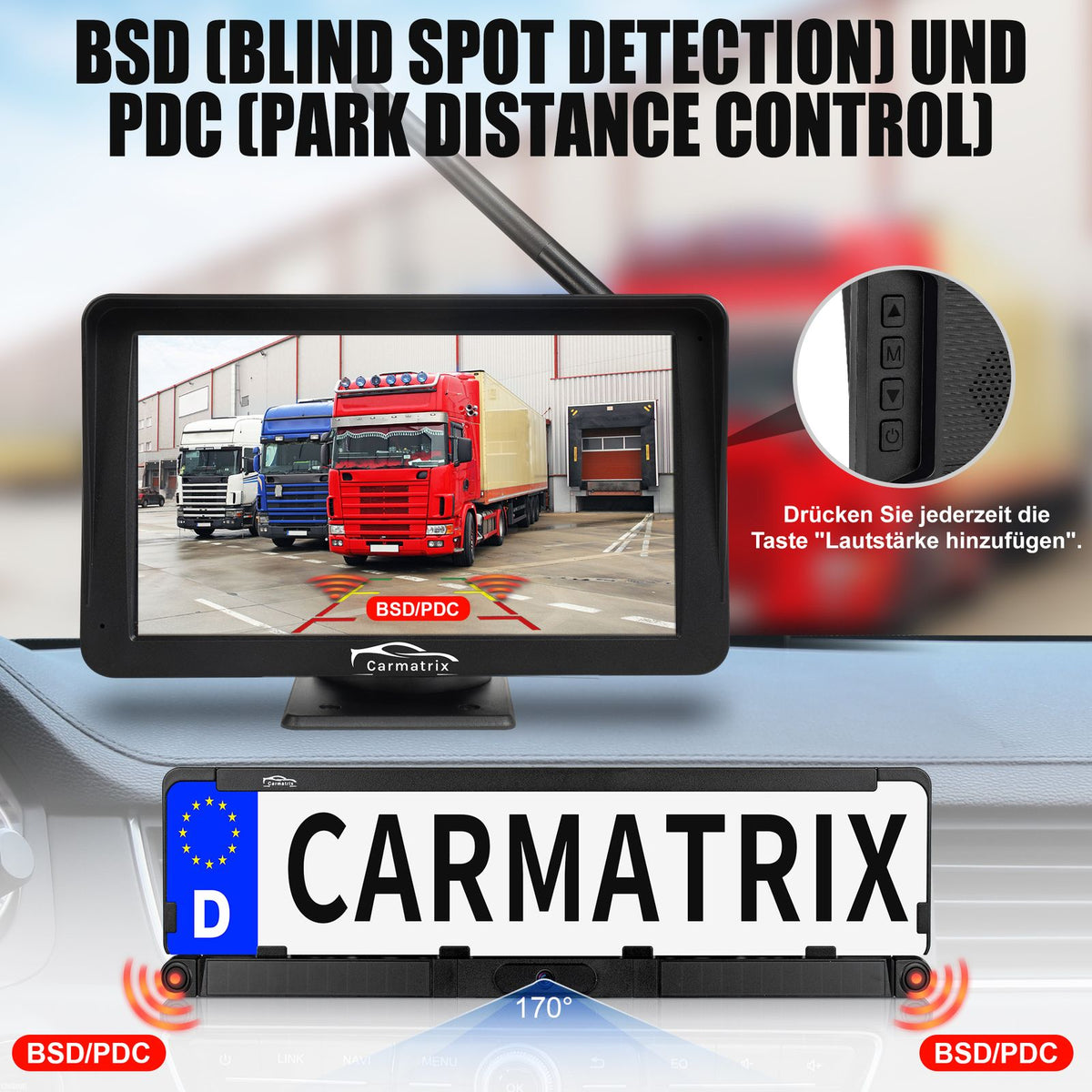 CARMATRIX Solar Rückfahrsystem PDC Einparksensoren mit Android Auto und Apple CarPlay