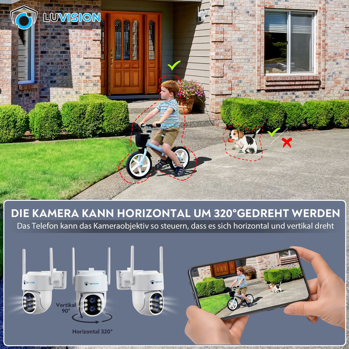 LUVISION Dual WLAN PTZ Überwachungssystem mit 12,5" Monitor,Mikrofon, Sirene, Nachtsicht, KI Bewegungsverfolgung