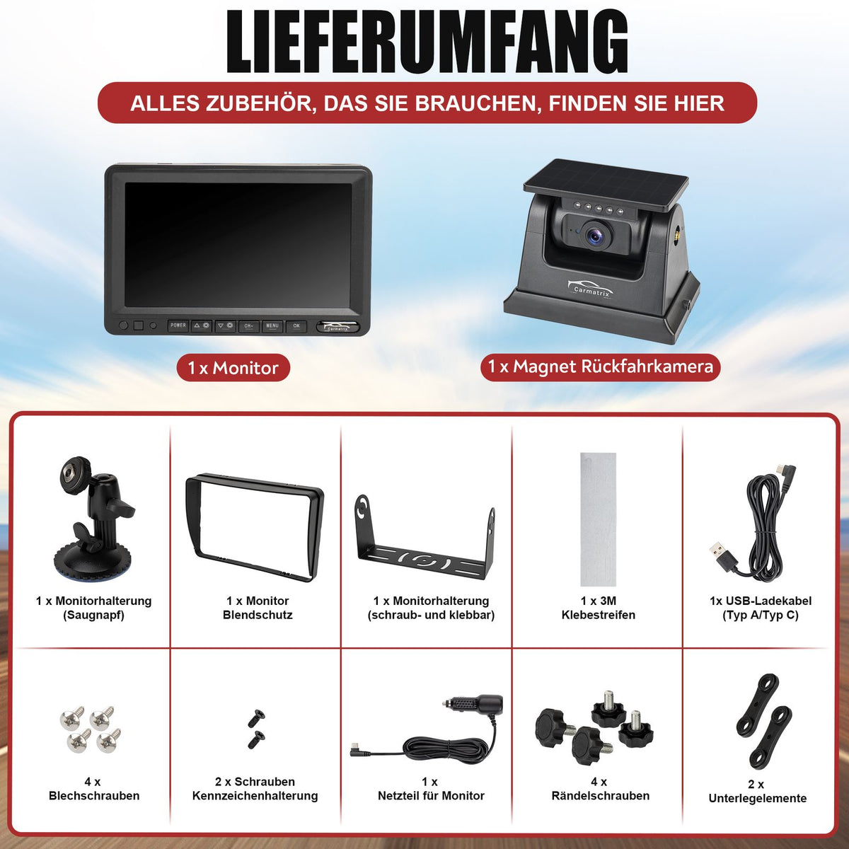 CARMATRIX Solar Rückfahrsystem mit 7" Monitor Rückfahrkamera mit Magnet Akku für Wohnmobil, Wohnwagen, Transporter