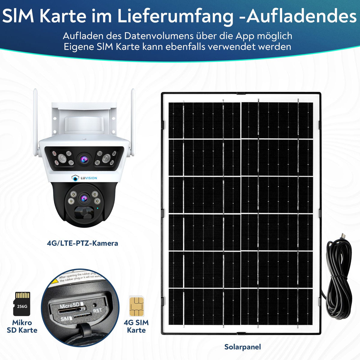 LUVISION 4G / LTE PTZ Solar Überwachungskamera 24/7 Aufzeichnung AOV SIM Karte KI Bewegungsverfolgung