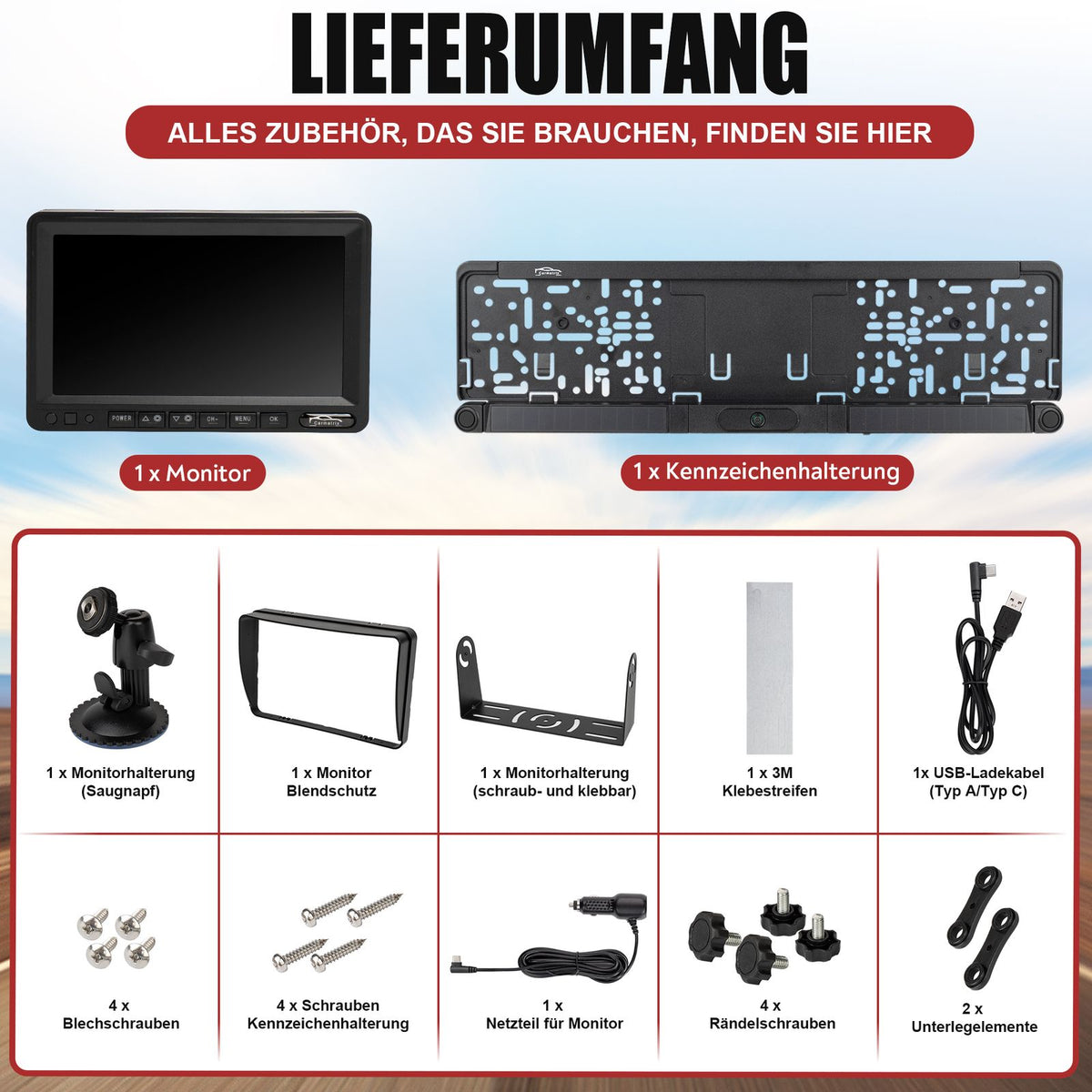 CARMATRIX Solar Rückfahrsystem 7" IPS-HD Monitor Rückfahrkamera für Wohnmobil, Wohnwagen, Transporter