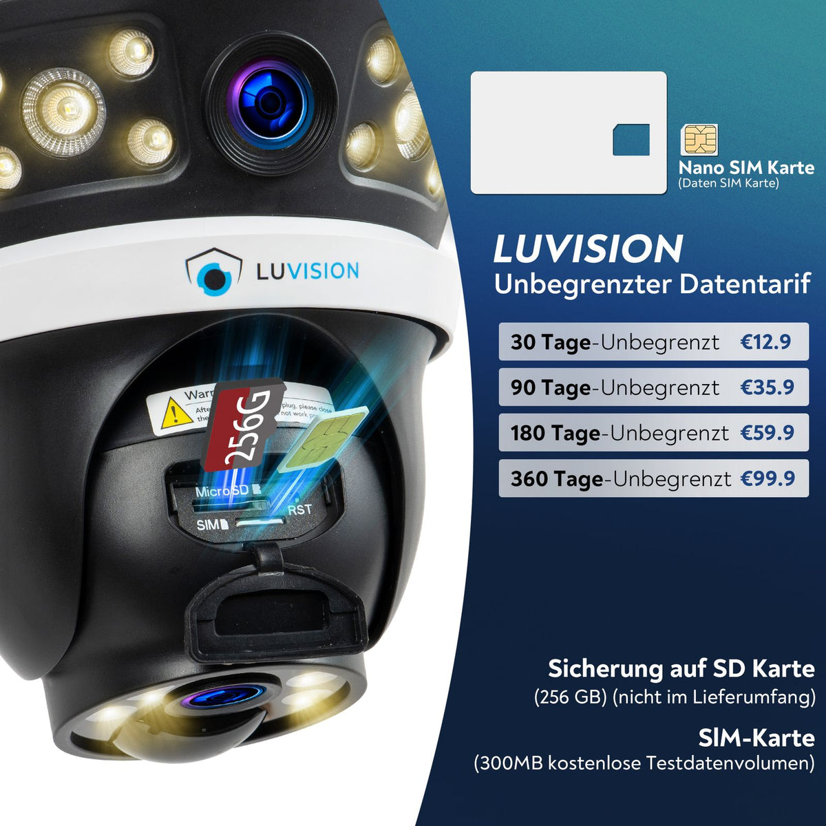 LUVISION 4G / LTE PTZ Solar Überwachungskamera 24/7 Aufzeichnung AOV SIM Karte KI Bewegungsverfolgung