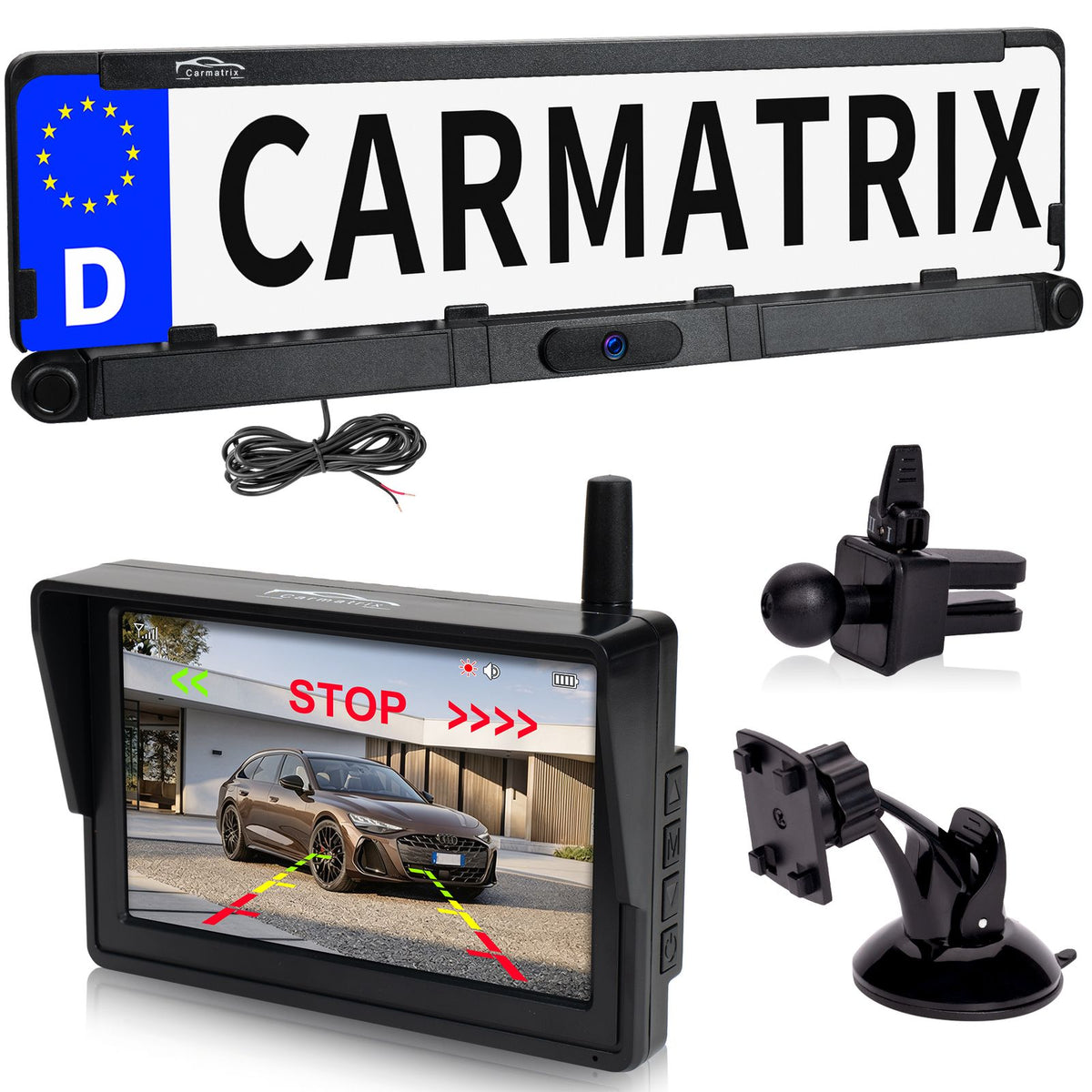 CARMATRIX HD Funk Rückfahrsystem mit 5" Monitor Kennzeichenhalter PDC Einparksensoren