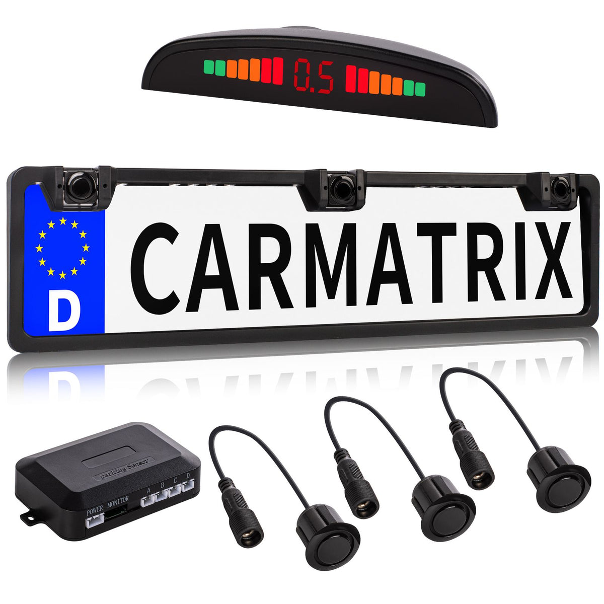 CARMATRIX Funk Einparkhilfe mit 3 PDC Sensoren im Kennzeichen Nummernschild kabellos