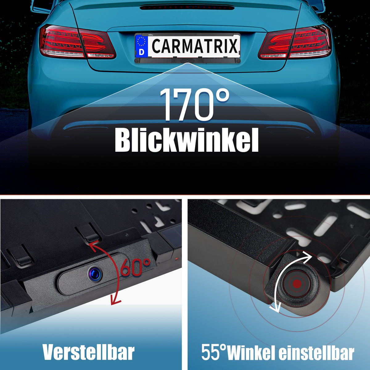 CARMATRIX HD Funk Rückfahrsystem mit 5" Monitor Kennzeichenhalter PDC Einparksensoren