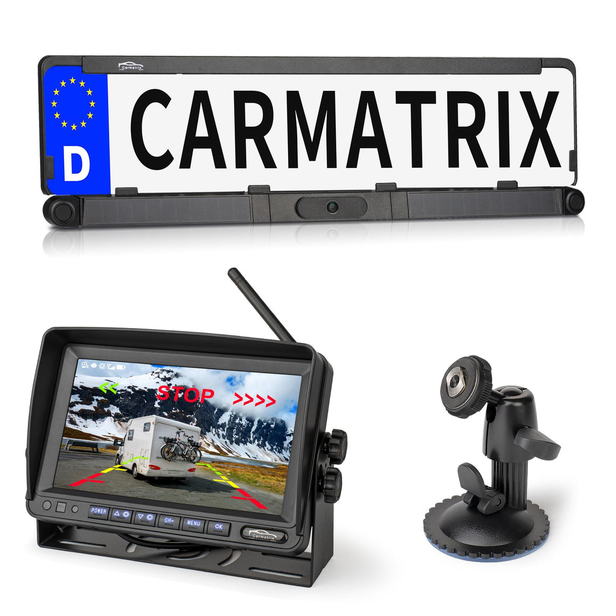 CARMATRIX Solar Rückfahrsystem 7" IPS-HD Monitor Rückfahrkamera für Wohnmobil, Wohnwagen, Transporter (Versandrückläufer)