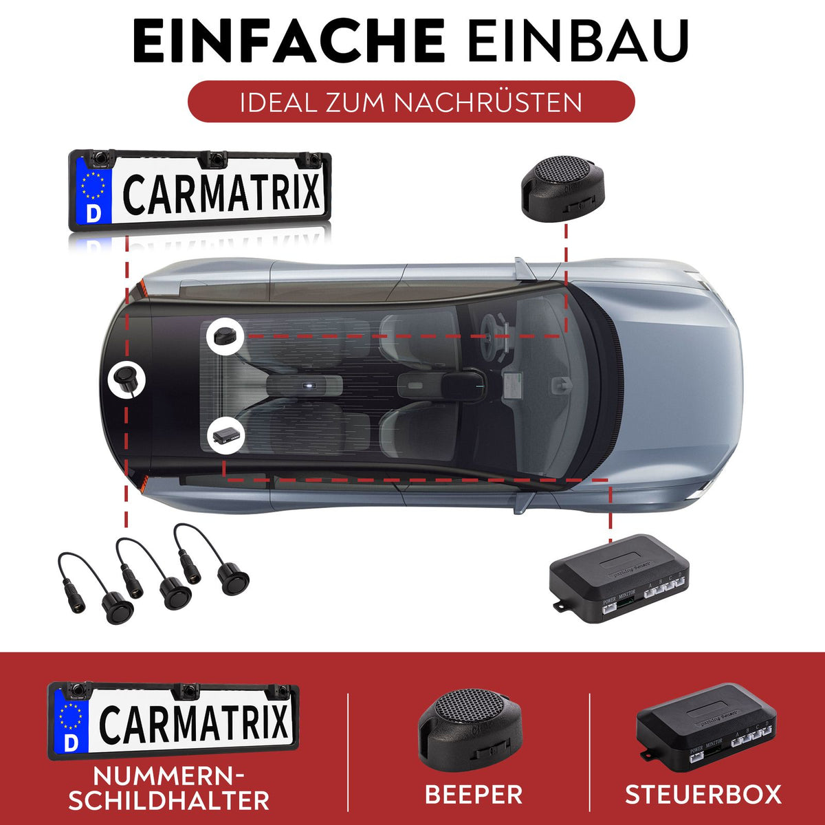 CARMATRIX Einparkhilfe Kfz-Kennzeichen Nummernschild mit drei PDC Sensoren KFZ mit Summer Ton