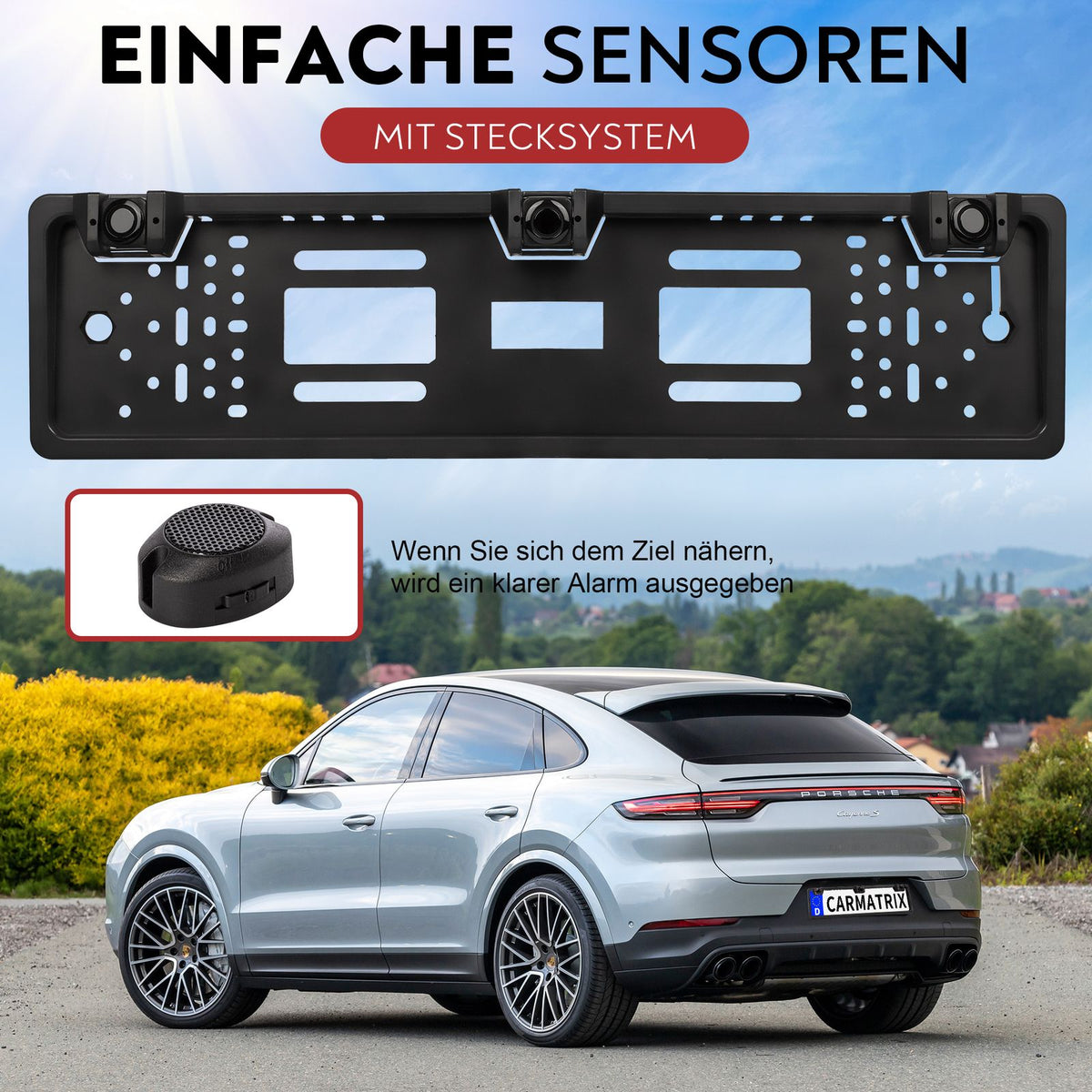 CARMATRIX Einparkhilfe Kfz-Kennzeichen Nummernschild mit drei PDC Sensoren KFZ mit Summer Ton