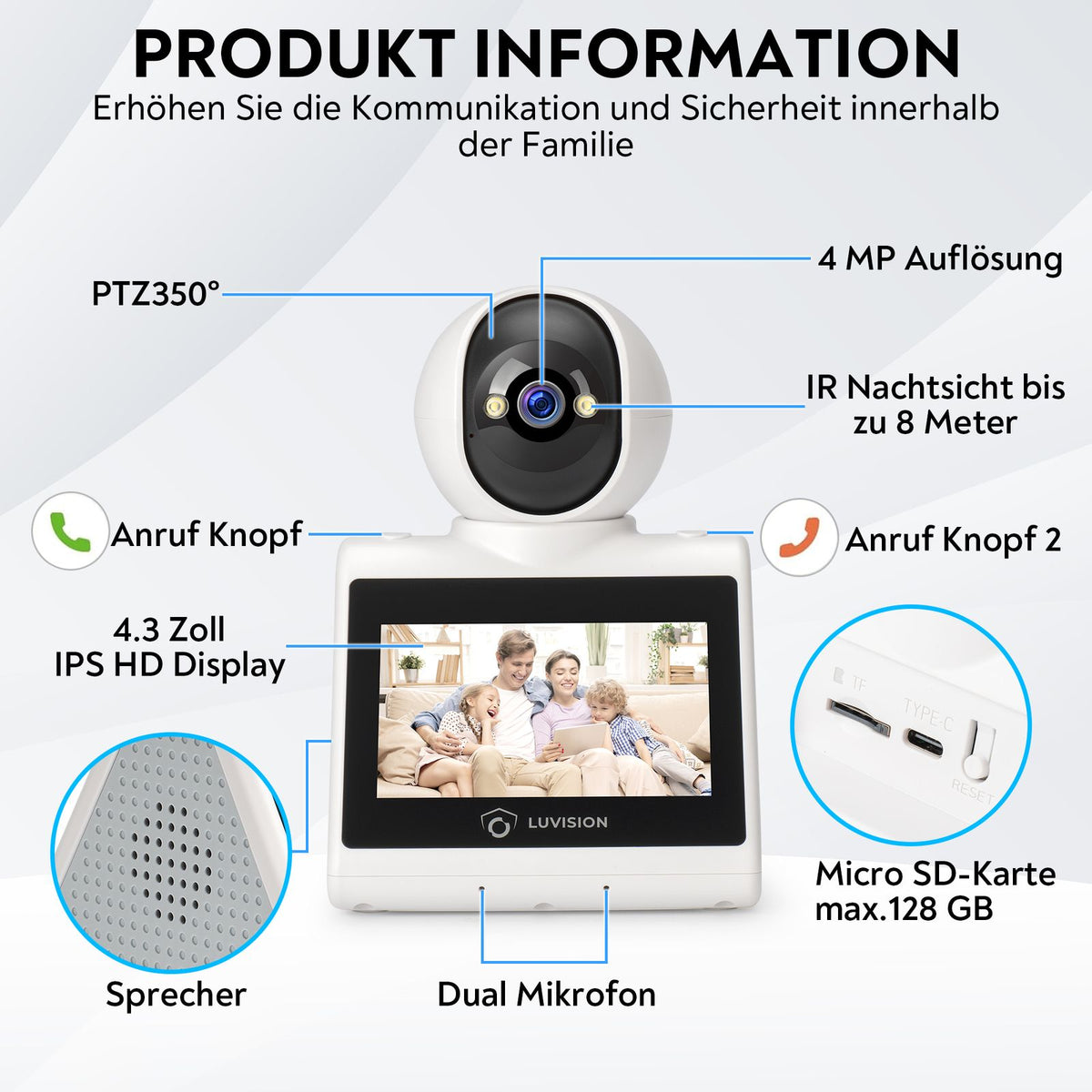 LUVISION 2er Set PTZ Gegensprechkamera Video Anruf Kamera Telefonkamera WLAN Überwachungskamera Senioren Baby Überwachung Autotracking 4MP