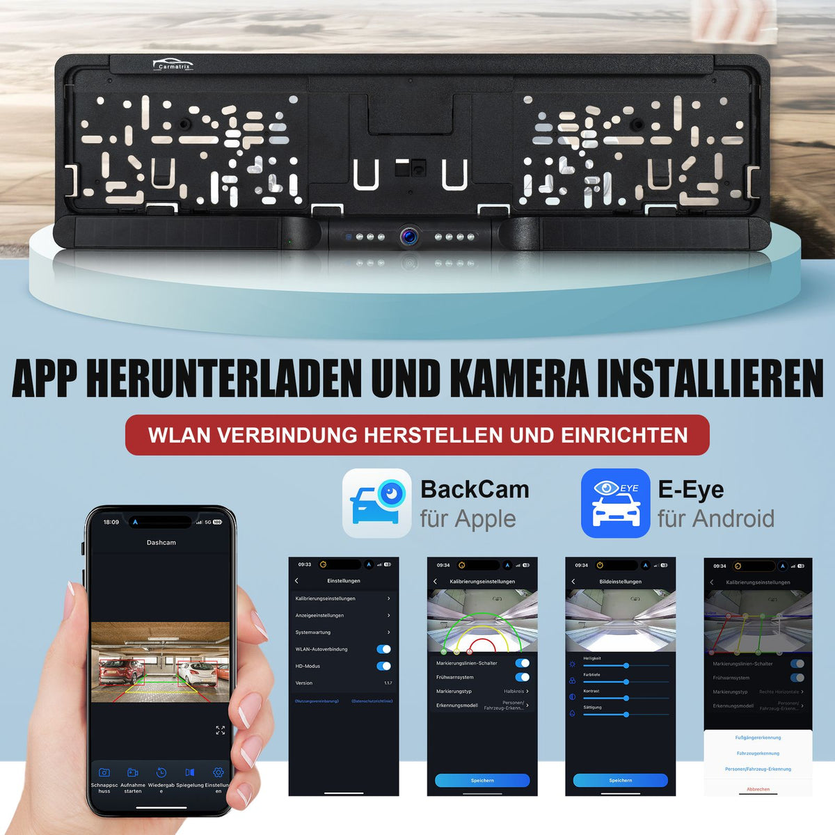 CARMATRIX Solar Auto WLAN Rückfahrkamera KI Personenerkennung