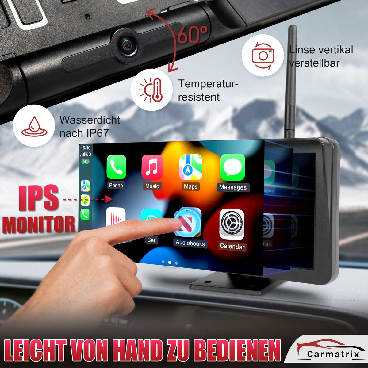 CARMATRIX Solar Rückfahrsystem mit Android Auto und Apple CarPlay, GoogleMaps, YouTube