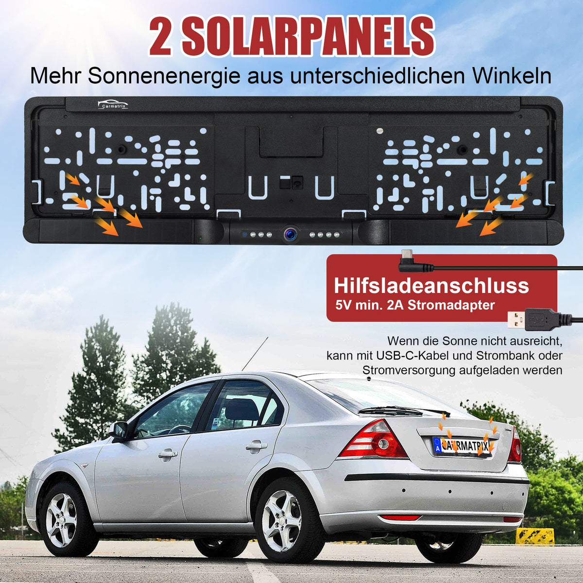 CARMATRIX Solar Auto WLAN Rückfahrkamera KI Personenerkennung