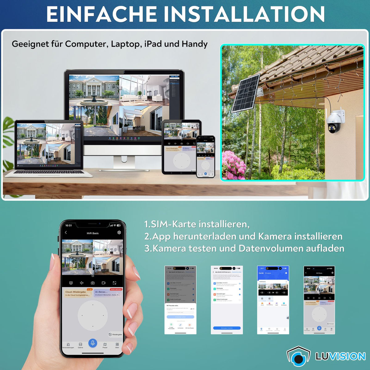 LUVISION 4G / LTE PTZ Solar Überwachungskamera 4MP mit SIM Karte KI Bewegungsverfolgung
