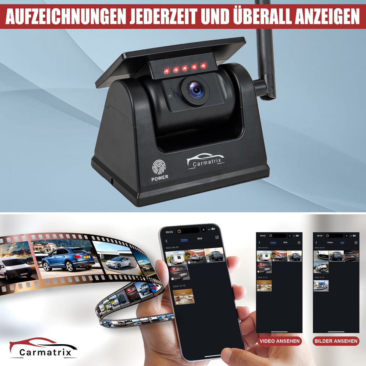 CARMATRIX Funk WLAN Solar Rückfahrkamera mit Magnet KI Personenerkennung mit APP