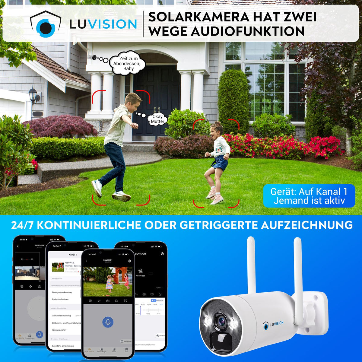 LUVISION Dual WLAN Solar Akku Überwachungssystem 10 Kanal NVR 4MP Überwachungskamera Set Mikrofon