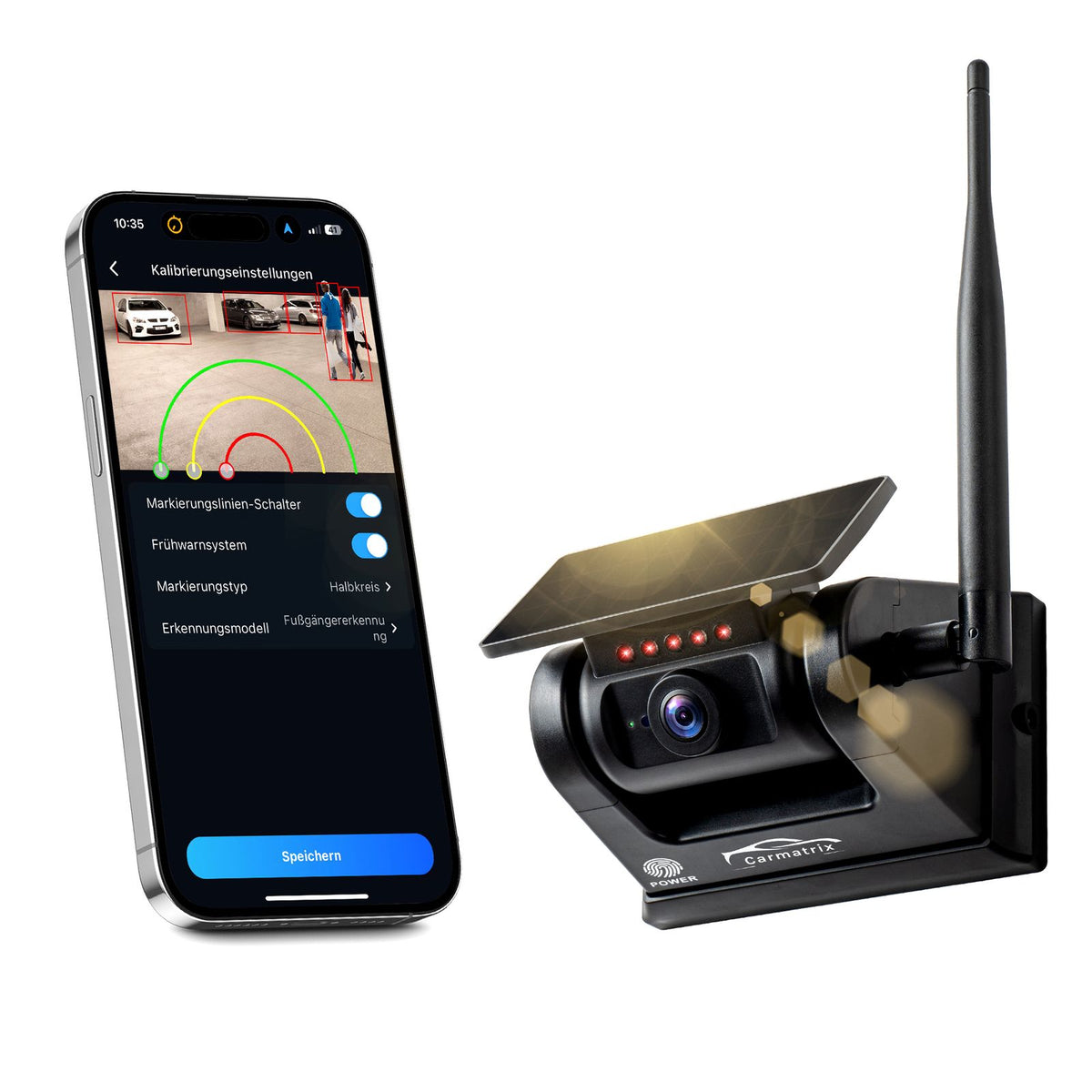 CARMATRIX Funk WLAN Solar Rückfahrkamera mit Magnet KI Personenerkennung mit APP