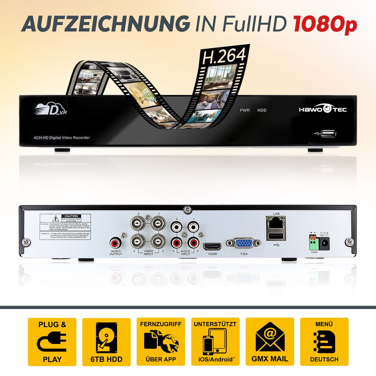 Full HD AHD 4 Kanal P2P Videoüberwachungssystem Komplettsystem Echtzeit 1080p HDMI