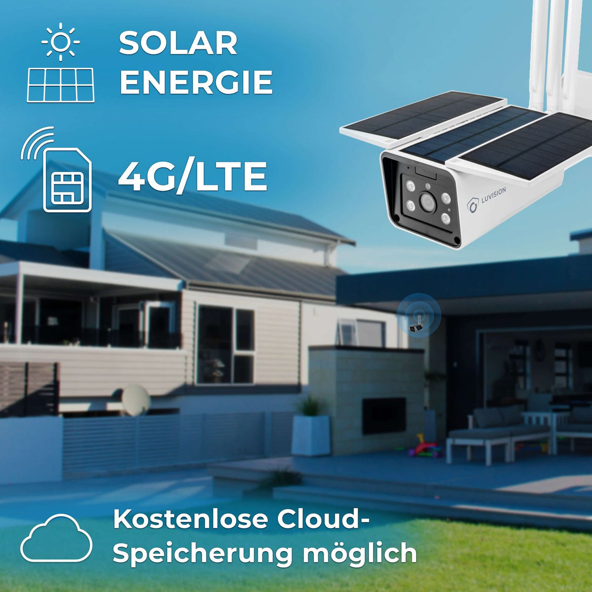 LUVISION 4G/ LTE Solar IP Kamera Cloud Überwachungskamera für SIM Karte mit Solarzelle Solarpanel Solarkamera 6W