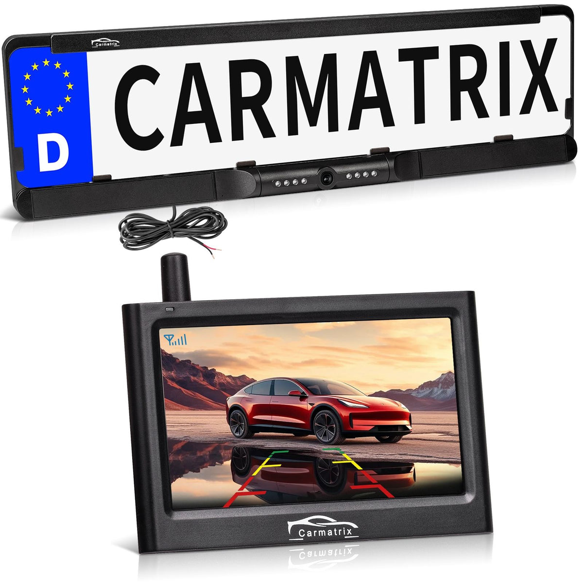 CARMATRIX Funk Rückfahrkamera Digital im Nummernschildhalter mit 4,3" Monitor Nachtsicht LED's (Versandrückläufer)
