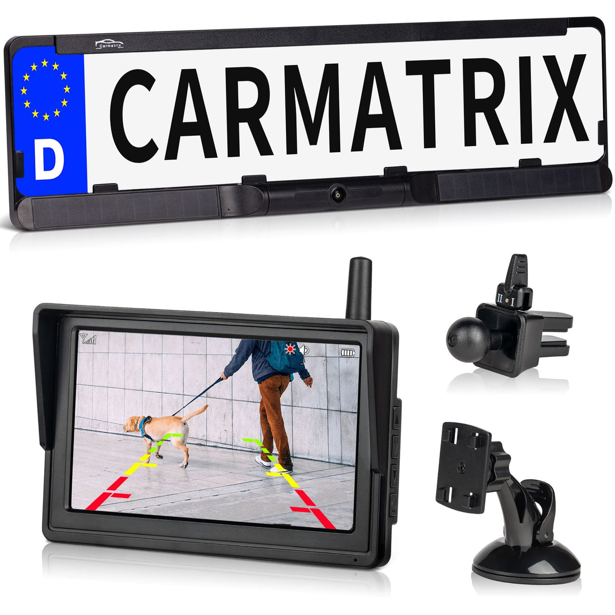 CARMATRIX HD Solar Wireless Backup Camera with 5" Monitor License Plate Camera with Solar Panel for Front or Rear