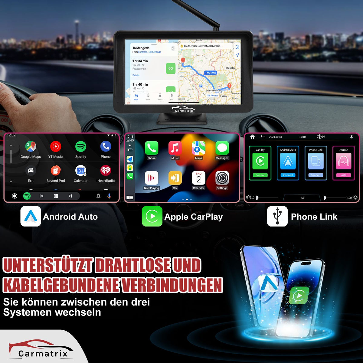 CARMATRIX Solar Rückfahrsystem PDC Einparksensoren mit Android Auto und Apple CarPlay