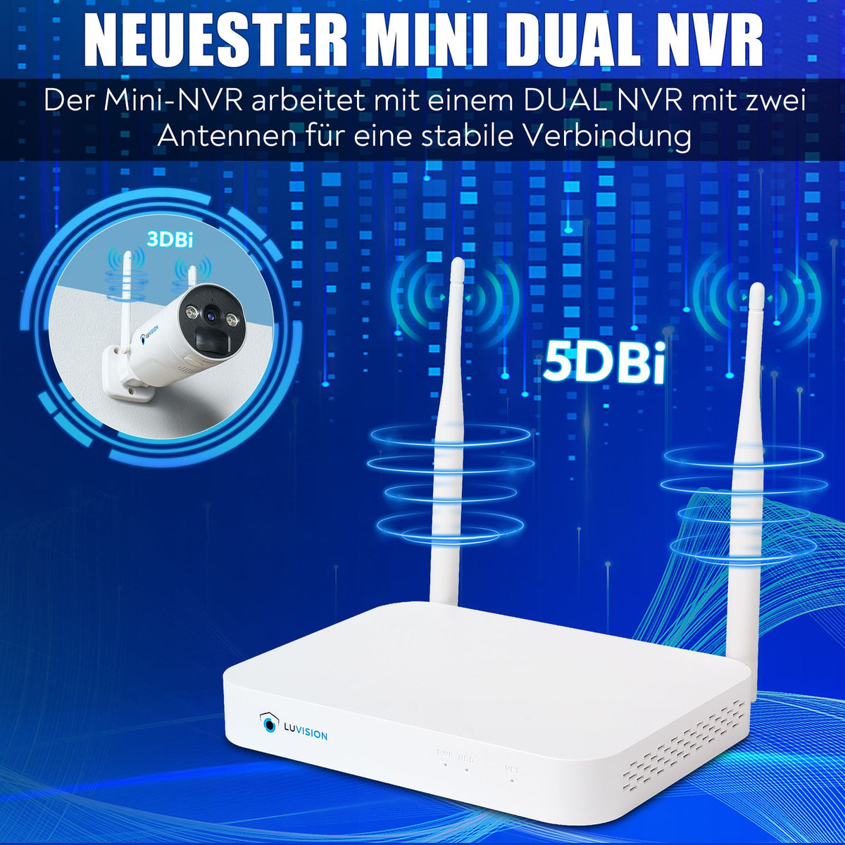 LUVISION Dual WLAN Solar Akku Überwachungssystem 10 Kanal NVR 4MP Überwachungskamera Set Mikrofon