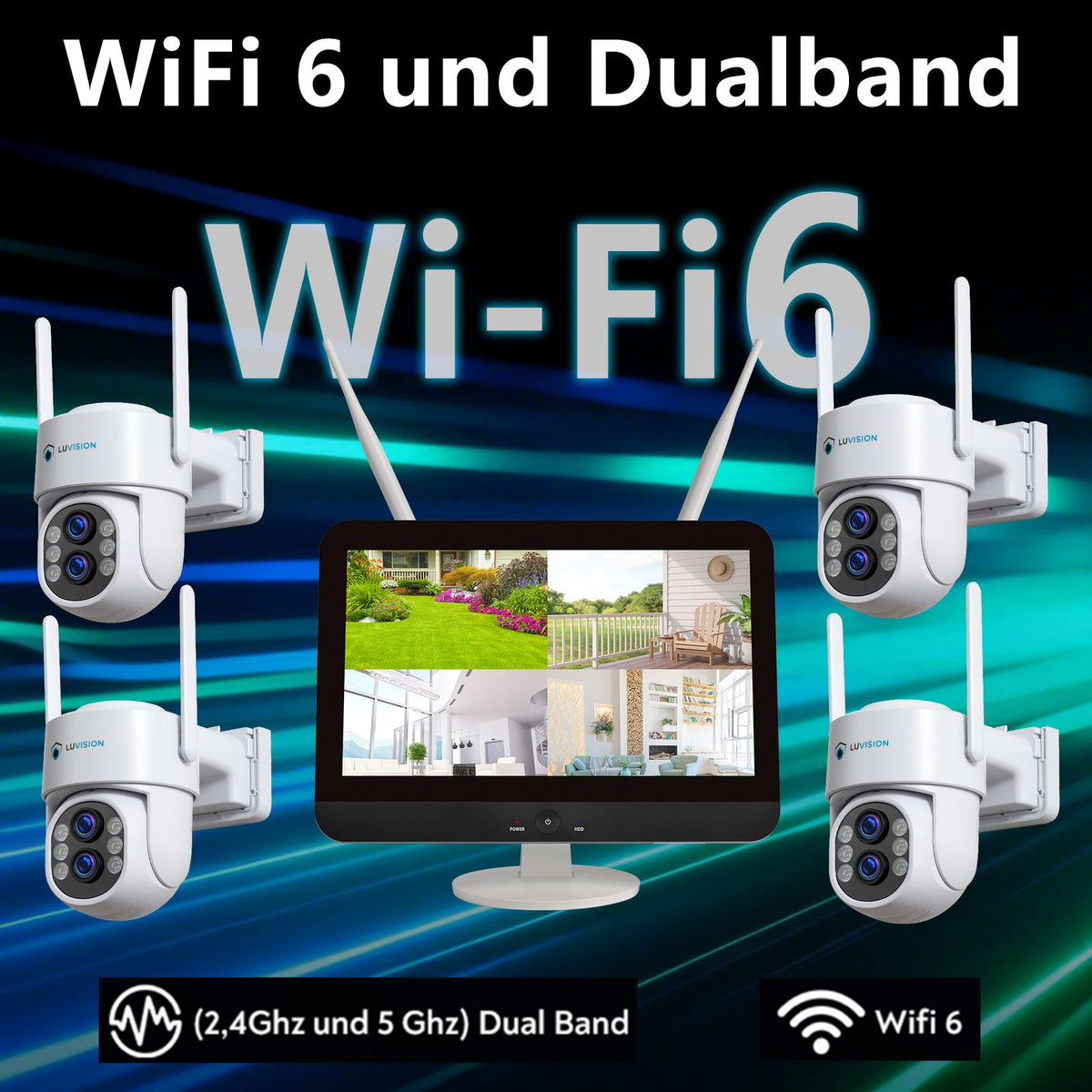 LUVISION Dual WLAN PTZ Überwachungssystem mit 12,5" Monitor,Mikrofon, Sirene, Nachtsicht, KI Bewegungsverfolgung