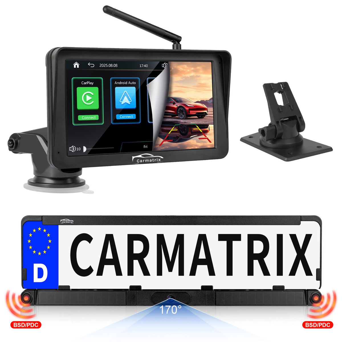 CARMATRIX Solar Rückfahrsystem PDC Einparksensoren mit Android Auto und Apple CarPlay