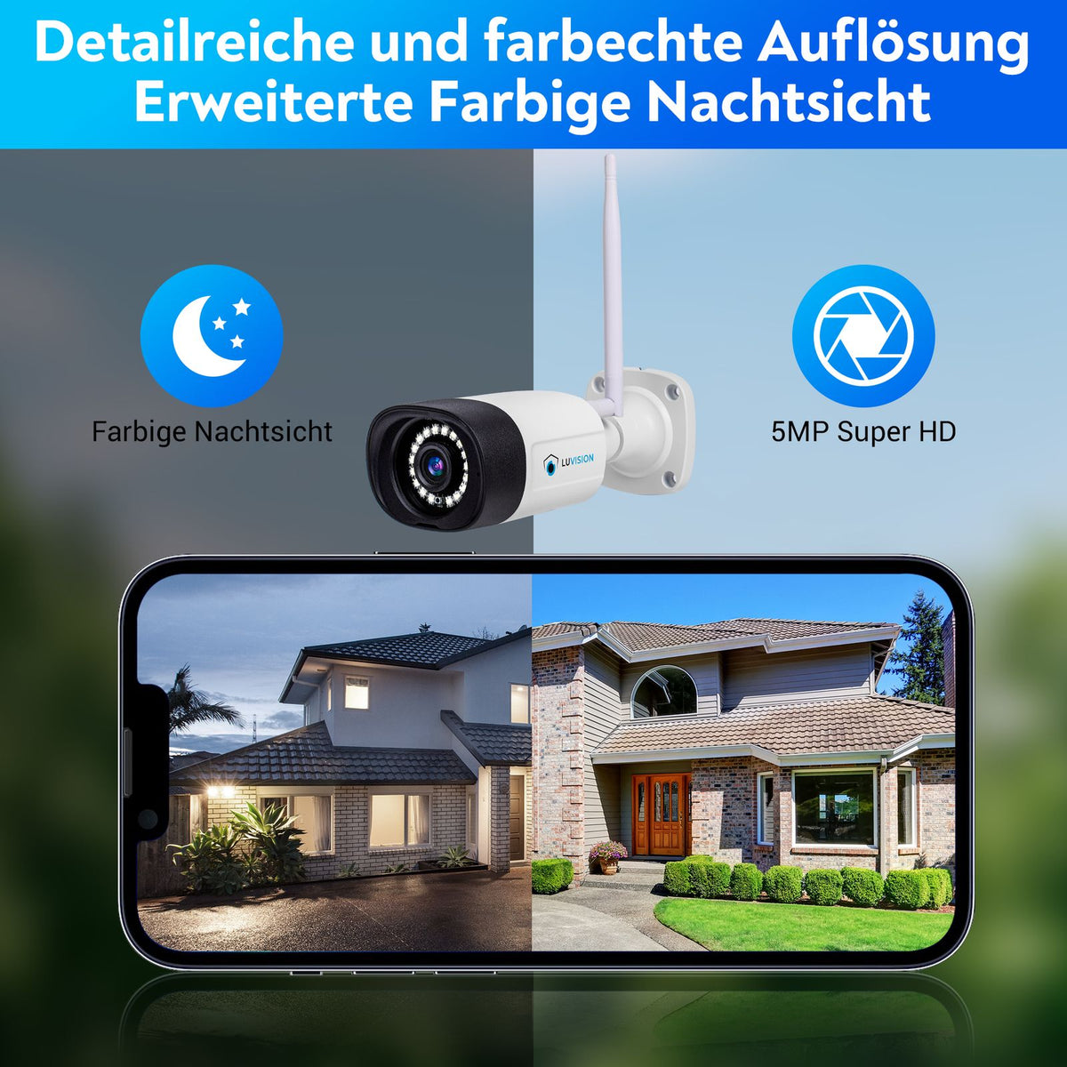 LUVISION WLAN Funk Video Überwachungssystem KI NVR 5MP Nachtsicht Farbe Mikrofon Wifi6