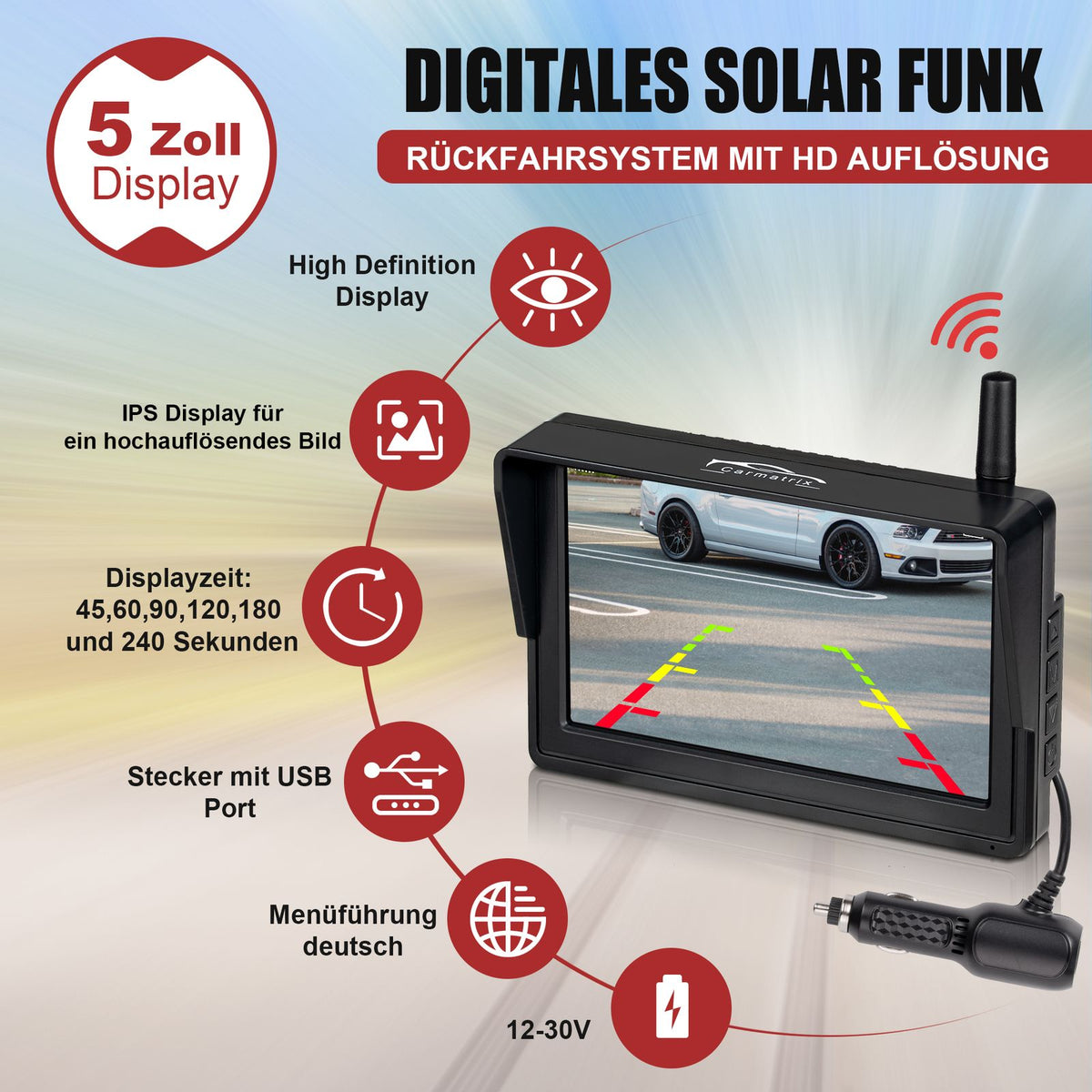 CARMATRIX DUO HD Solar Funk Rückfahrsystem mit 5" Monitor für Front und Heck (Versandrückläufer)