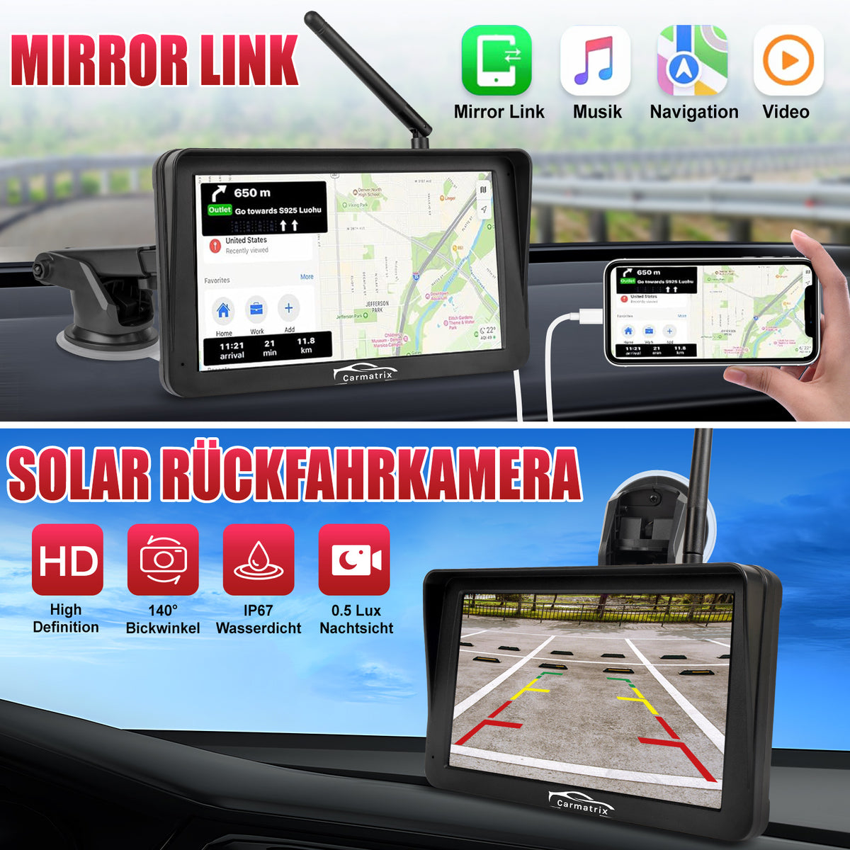 CARMATRIX Solar Rückfahrsystem mit Android Auto und CarPlay Magnet Rückfahrkamera