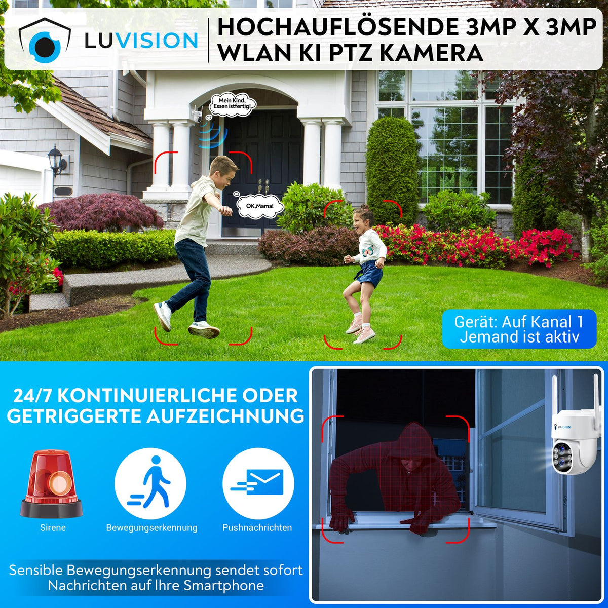 LUVISION 3MP+3MP Dual Linse PTZ WLAN Überwachungskamera KI Personenerkennung