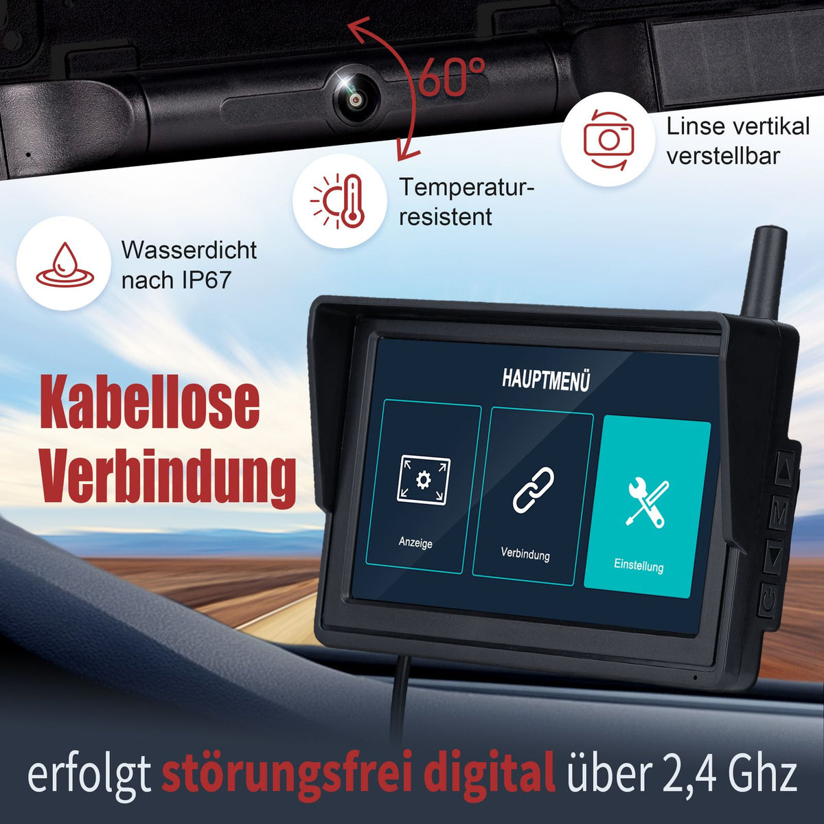 CARMATRIX HD Funk Rückfahrsystem mit 5" Monitor Nummernschild für EU & Österreich