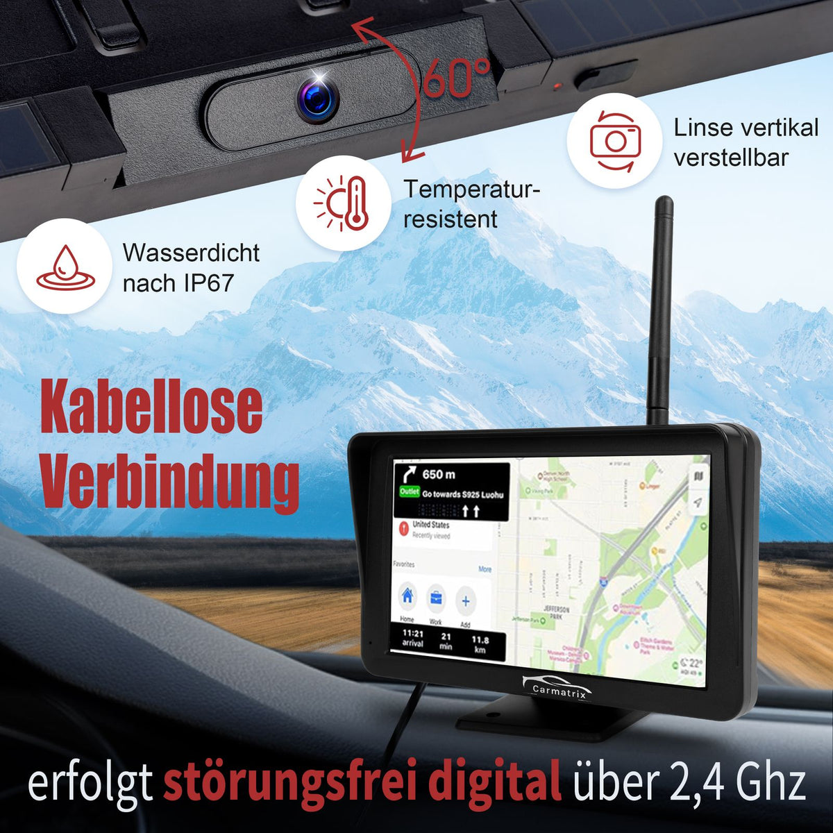 CARMATRIX Solar Rückfahrsystem PDC Einparksensoren mit Android Auto und Apple CarPlay