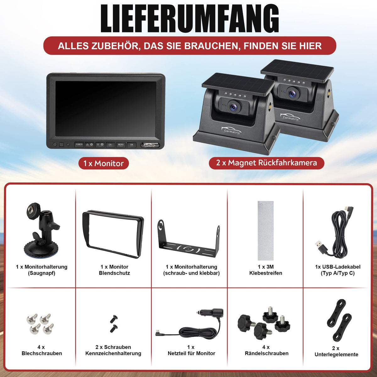CARMATRIX Solar Reversing System 7" Monitor Magnetic Reversing Camera with Battery for RV, Truck, Van