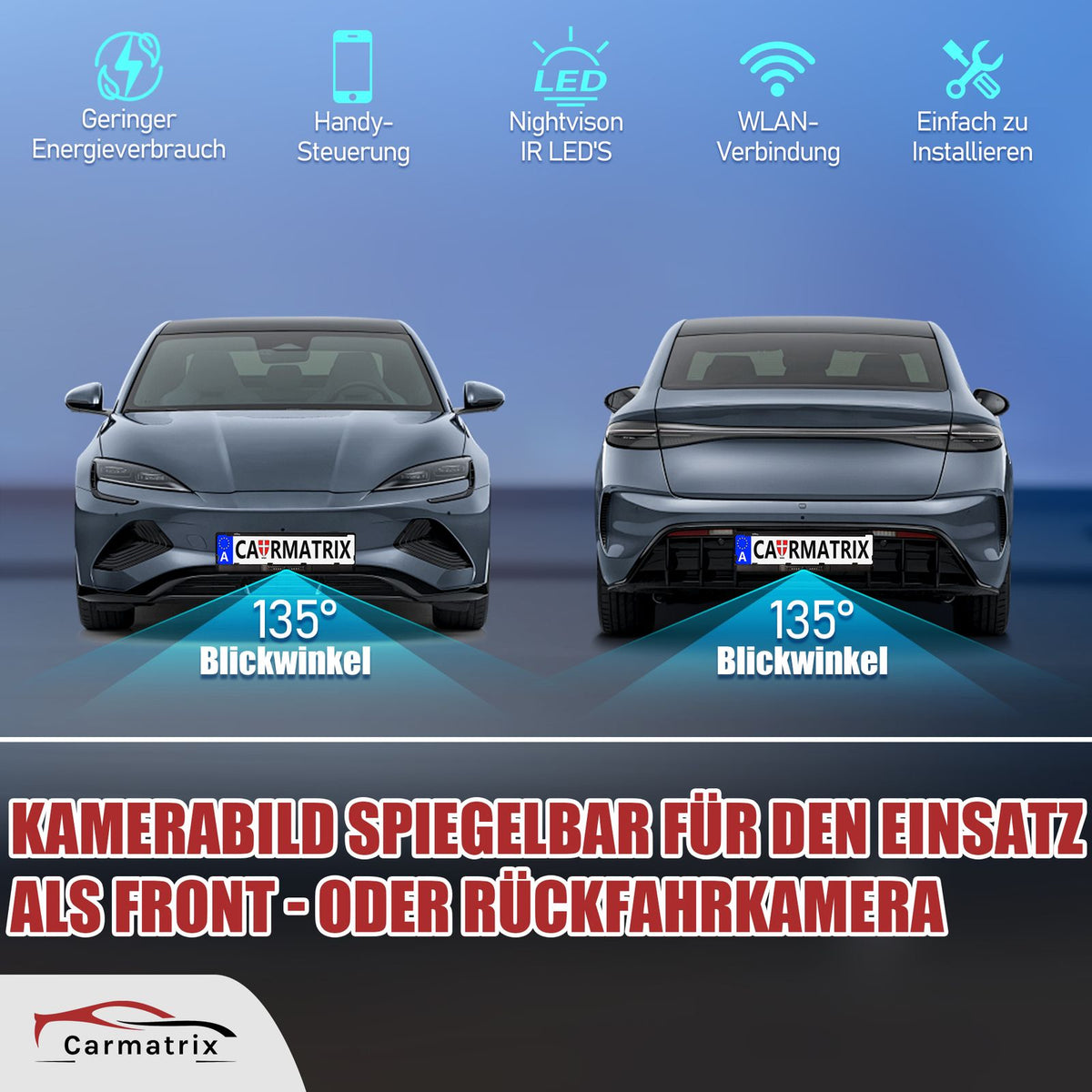 CARMATRIX Solar Auto WLAN Rückfahrkamera KI Personenerkennung