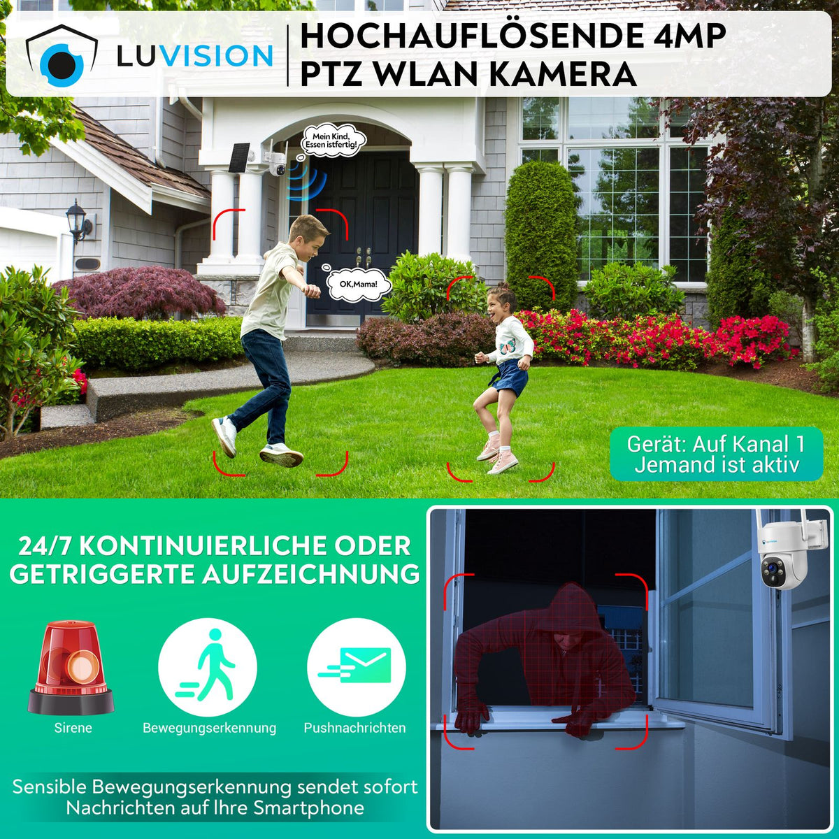 LUVISION Dual WiFi PTZ Surveillance System with LED Monitor, 4MP Solar PTZ Surveillance Camera, Microphone, Siren, Smart Night Vision