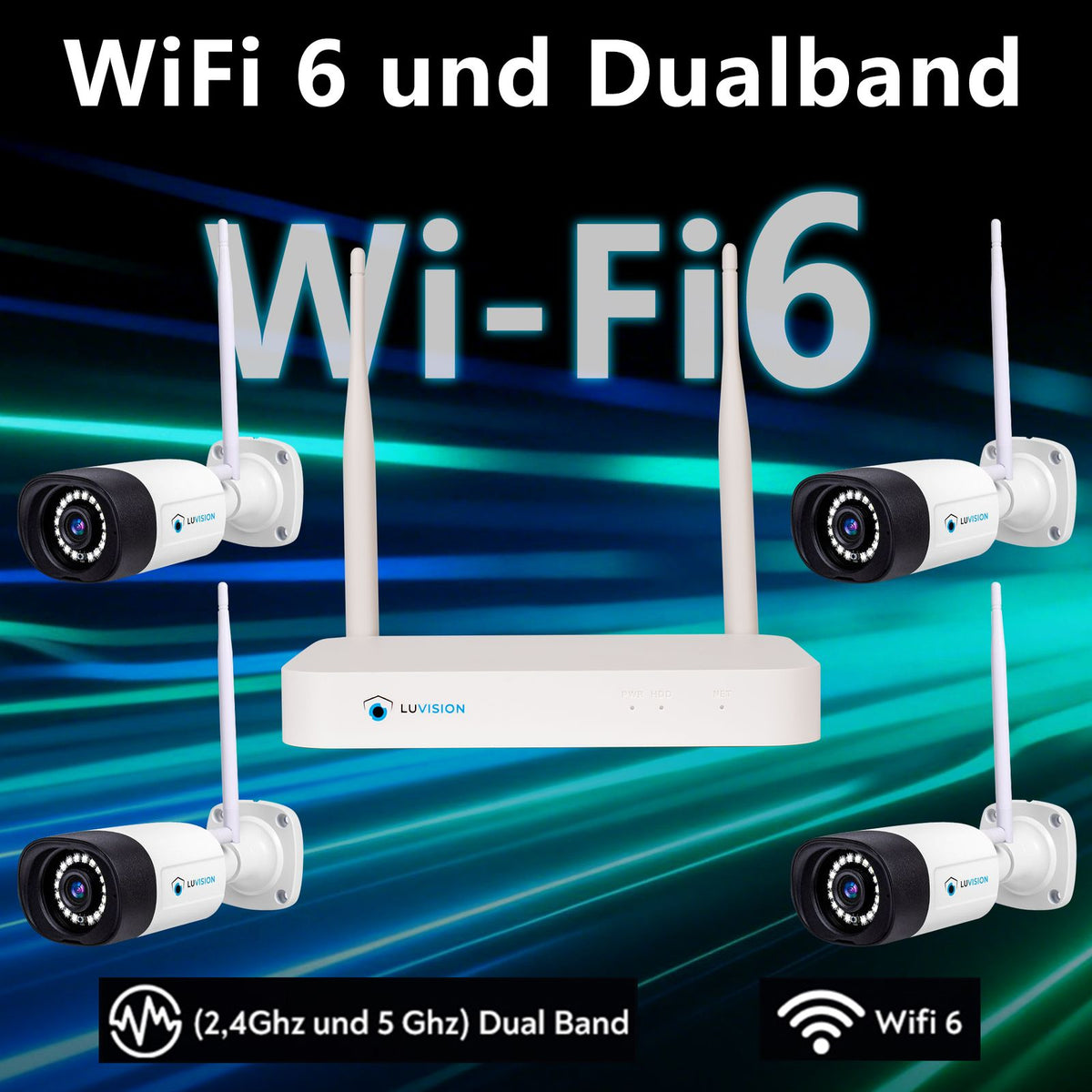LUVISION WLAN Funk Video Überwachungssystem KI NVR 5MP Nachtsicht Farbe Mikrofon Wifi6