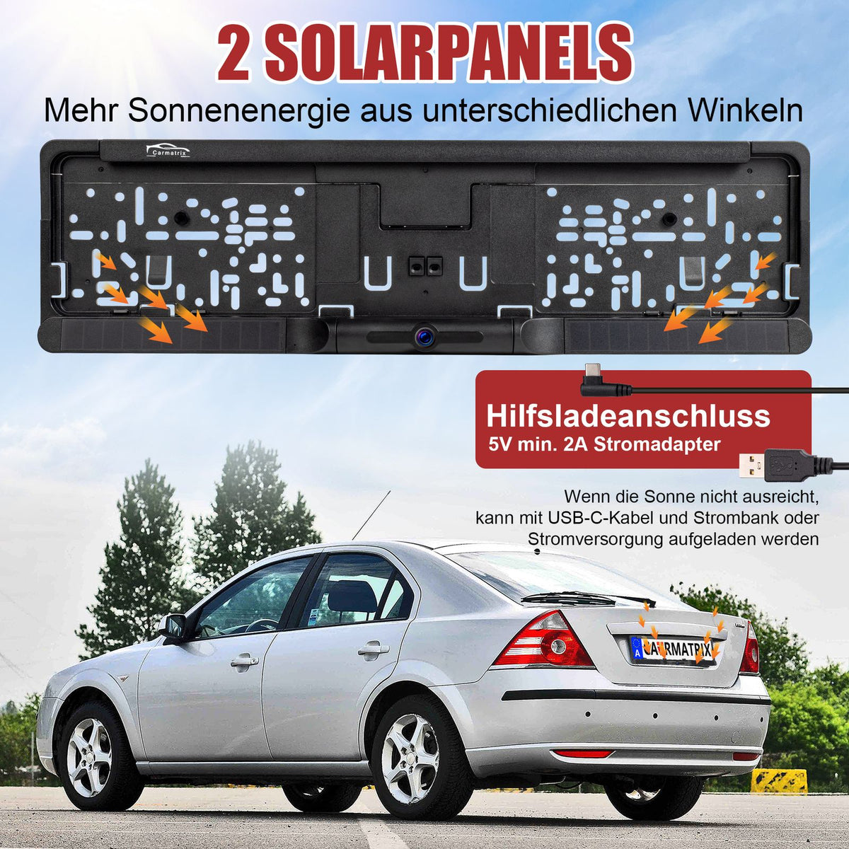 CARMATRIX Solar Rückfahrsystem mit Android Auto und Apple CarPlay, GoogleMaps, YouTube