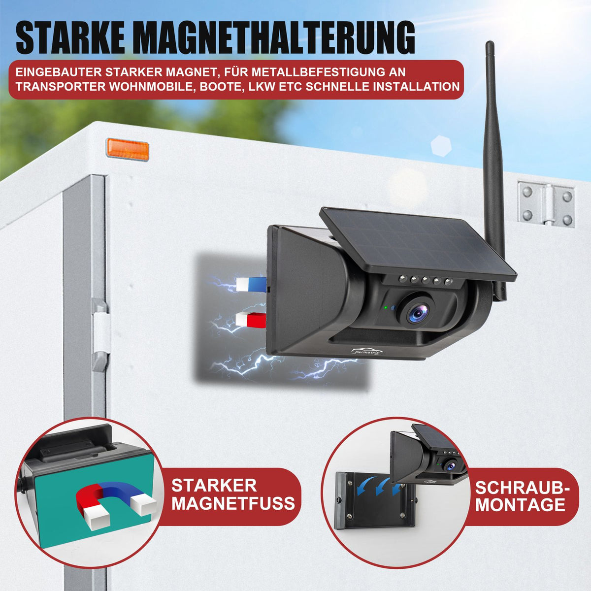 CARMATRIX Solar Rückfahrsystem mit 7" Monitor Rückfahrkamera mit Magnet Akku für Wohnmobil, Wohnwagen, Transporter