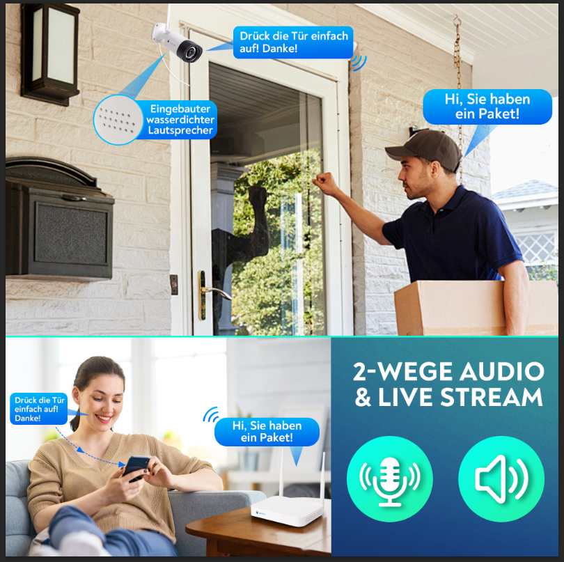 LUVISION WLAN Funk Video Überwachungssystem KI NVR 5MP Nachtsicht Farbe Mikrofon Wifi6