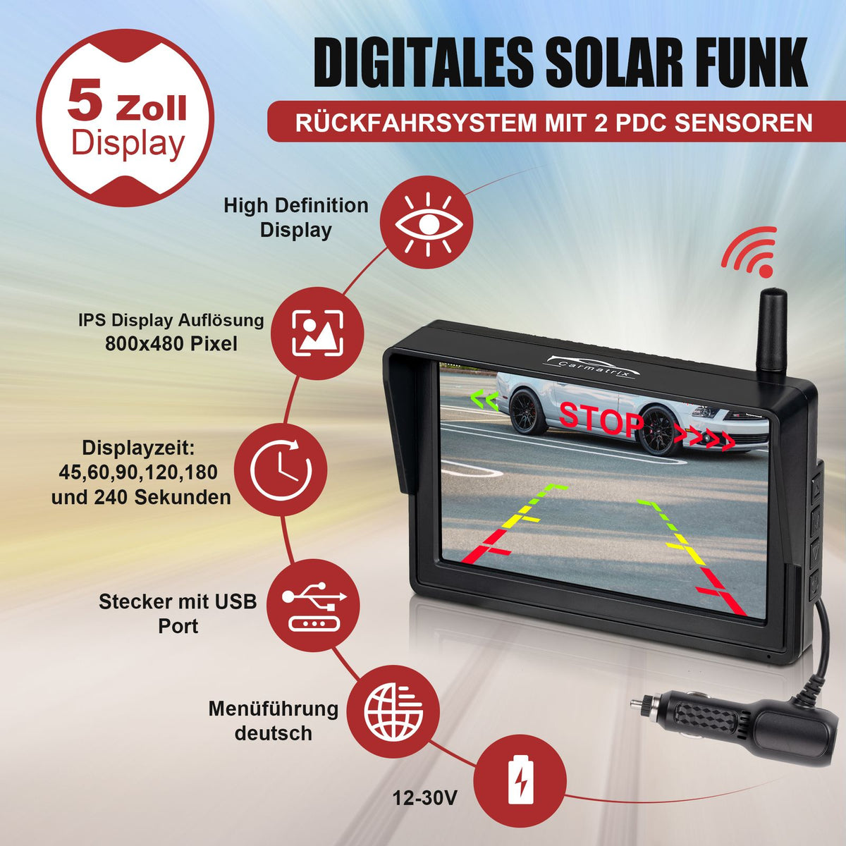 CARMATRIX Solar Reversing System HD Rear View Camera in License Plate with Parking Sensors for Front and Rear