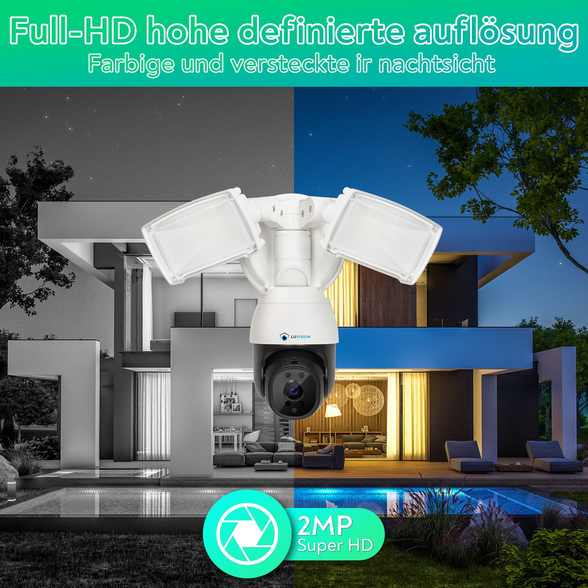 LUVISION LED Flutlicht PTZ WLAN Überwachungskamera mit Bewegungsverfolgung Lampe AI Auto Tracking 230V (Versandrückläufer)