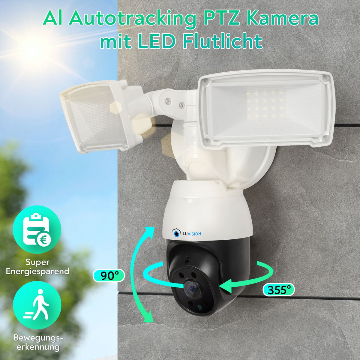 LUVISION LED Flutlicht PTZ WLAN Überwachungskamera mit Bewegungsverfolgung Lampe AI Auto Tracking 230V (Versandrückläufer)