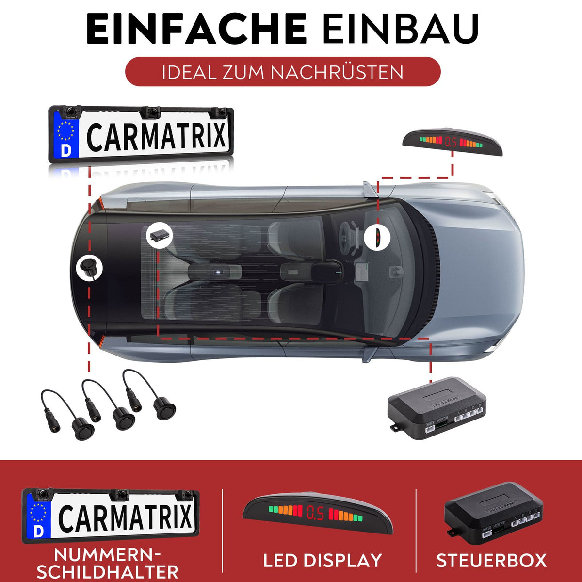 CARMATRIX Funk Einparkhilfe mit 3 PDC Sensoren im Kennzeichen Nummernschild kabellos