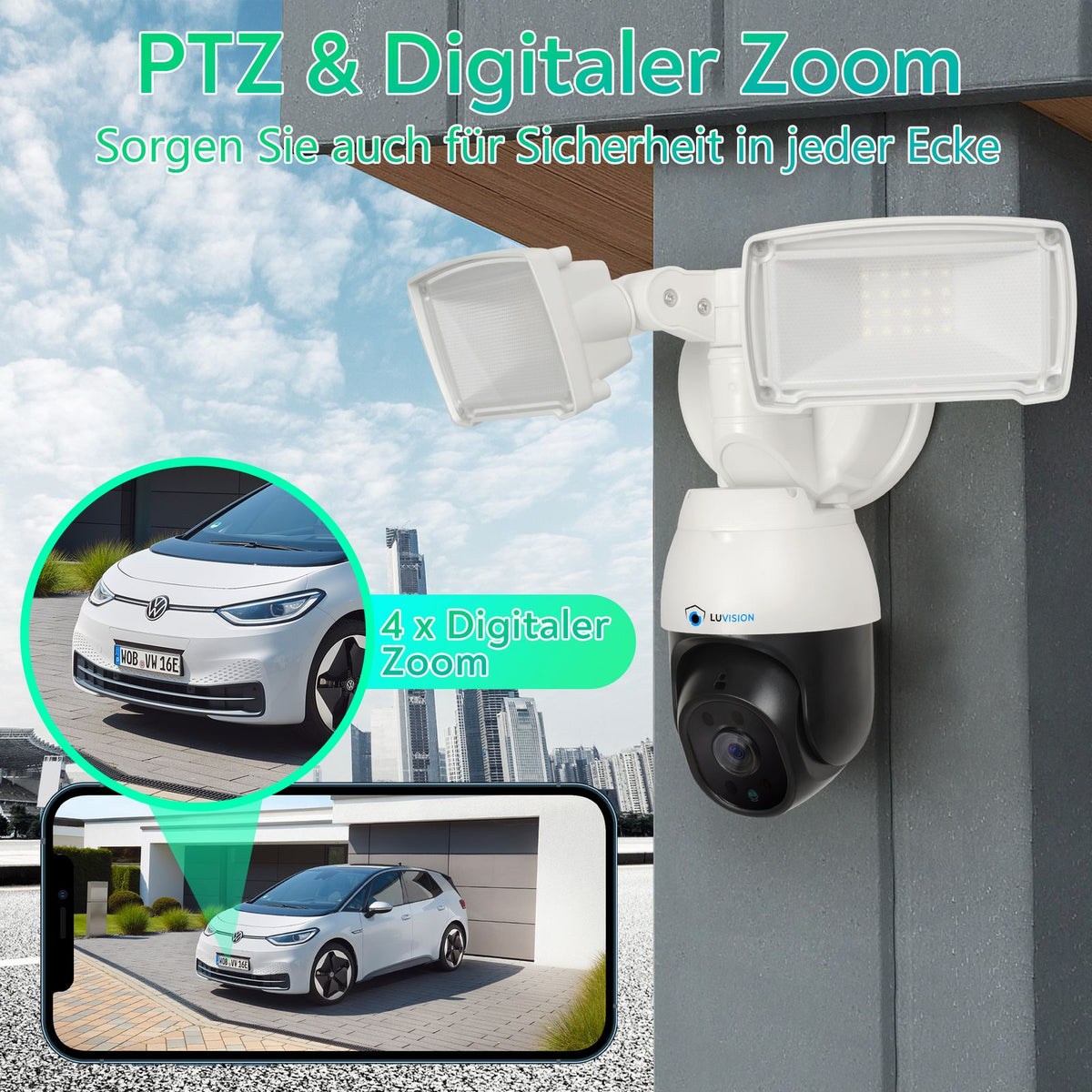 LUVISION LED Flutlicht PTZ WLAN Überwachungskamera mit Bewegungsverfolgung Lampe AI Auto Tracking 230V (Versandrückläufer)